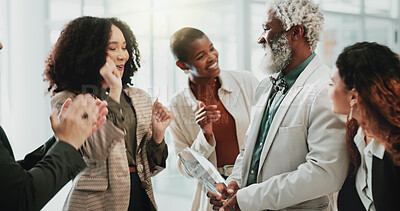 Buy stock photo Business people, applause and diversity in office for award, achievement or employee development. Team, clapping and support in workplace for congratulations, success or prize winner with celebration