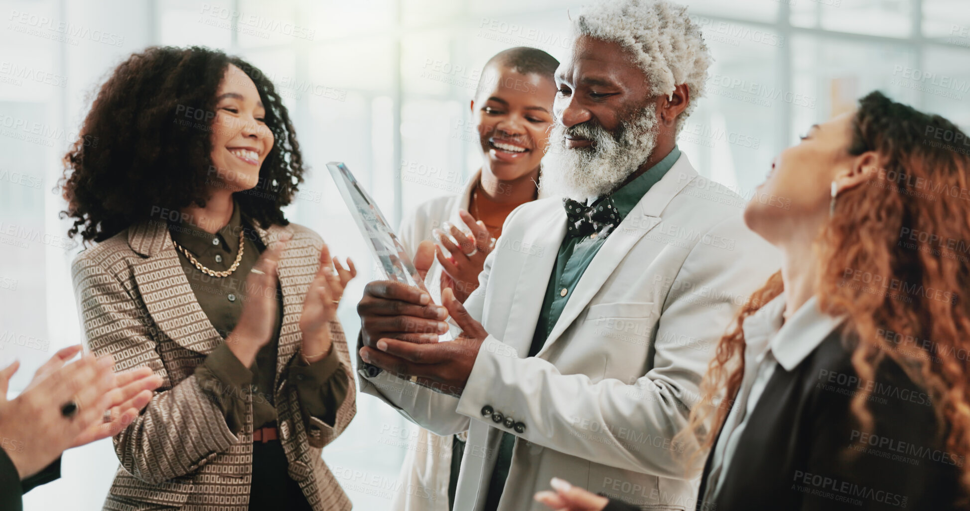 Buy stock photo Business team, applause and celebration for award, achievement or employee development in office. People, clapping and support in workplace for congratulations, success or prize winner with diversity