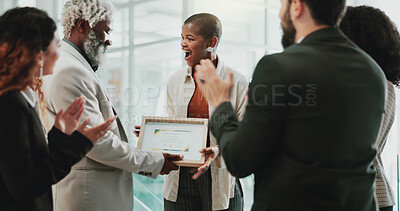 Buy stock photo Business people, clapping and celebration in office for award, achievement or employee development. Team, applause and support in workplace for congratulations, success and certificate with diversity