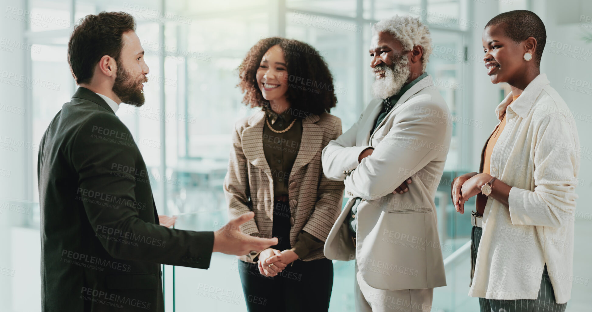 Buy stock photo Collaboration, meeting and welcome with business people in office for introduction or orientation. Conversation, diversity and explain with happy employee group in corporate workplace for discussion