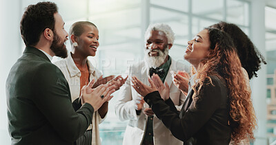 Buy stock photo Business people, applause and celebration in office for goals, achievement or employee development. Team, clapping and support in workplace for congratulations, success or sales growth with diversity