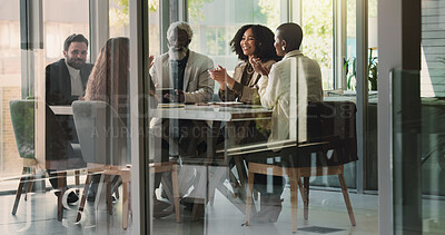 Buy stock photo Business people, applause and smile in office for achievement, company growth and support for promotion. Corporate team, clapping and excited in boardroom for new employee, investment success or news