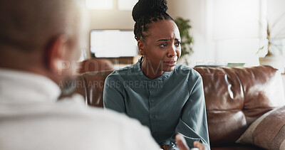 Buy stock photo Mental health, woman crying or therapist in office for grief counseling, help or advice for healing. Sad patient, depression or psychologist in practice for loss, anxiety or consultation for support