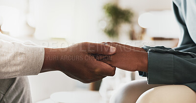 Buy stock photo Holding hands, psychology and support for consultation, mental health or empathy in office at clinic. People, therapy and trauma counseling for comfort, listening or trust with kindness for healing