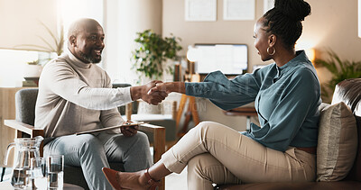 Buy stock photo African man, psychologist and woman with handshake in office for consultation, introduction and welcome. Black people, shaking hands and happy for support, advice or agreement at mental health clinic