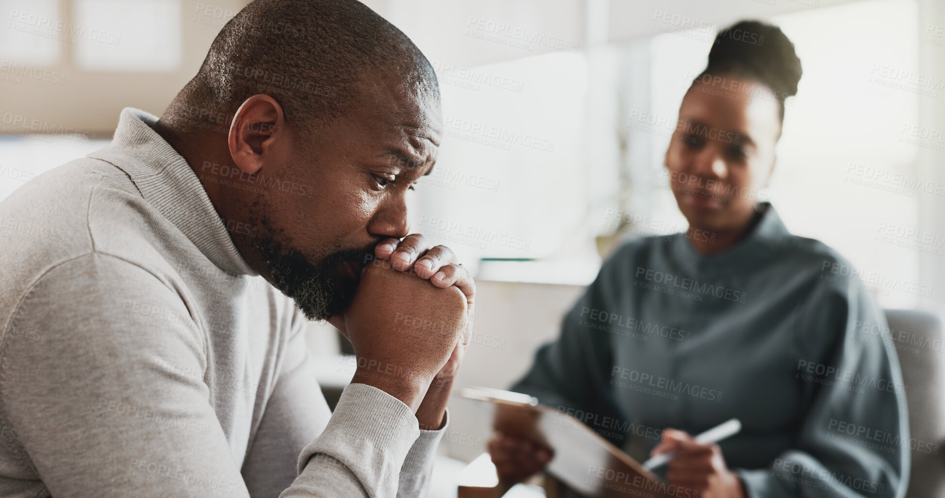 Buy stock photo Psychology, therapist and talking in office with man, discussion and advice for mental health. Black people, therapy and patient in consultation for grief counseling, mistake and anxiety with support