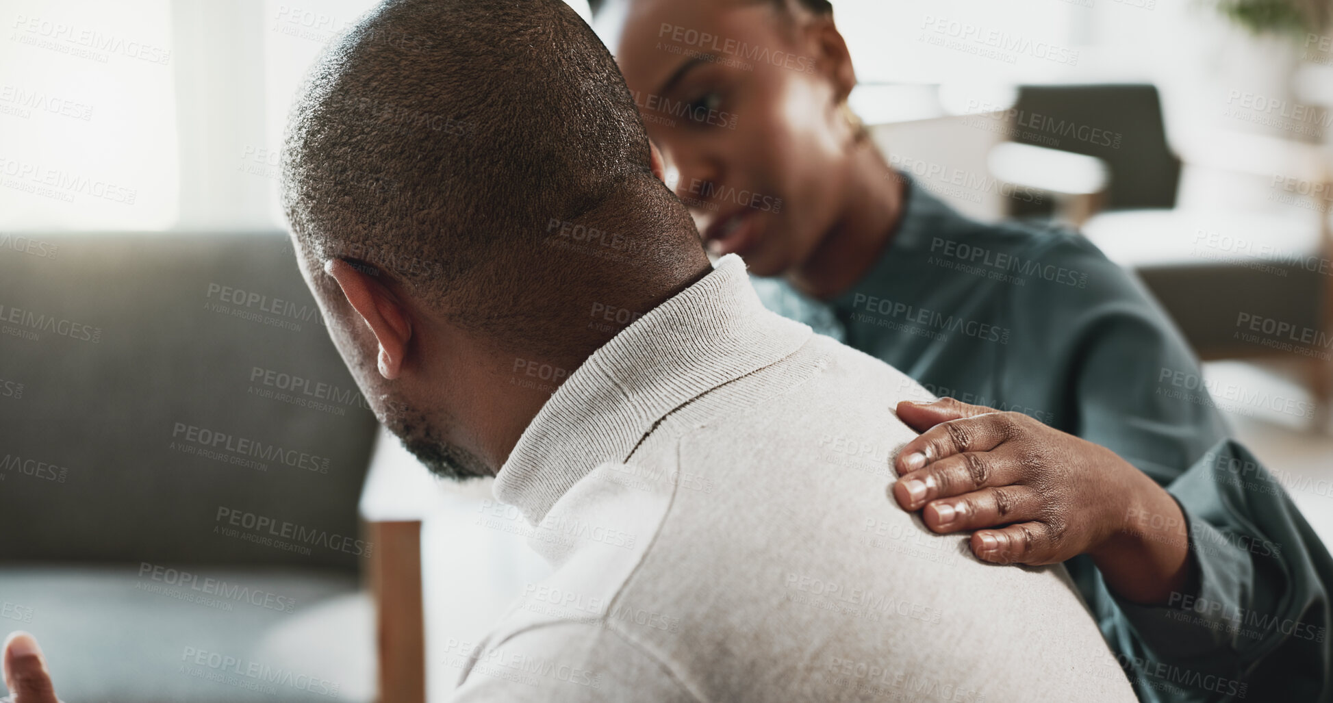 Buy stock photo Black man, stress and empathy with therapist for therapy session or mental health at appointment. African, male person or patient with psychologist for counselling, helpful advice or consolidation