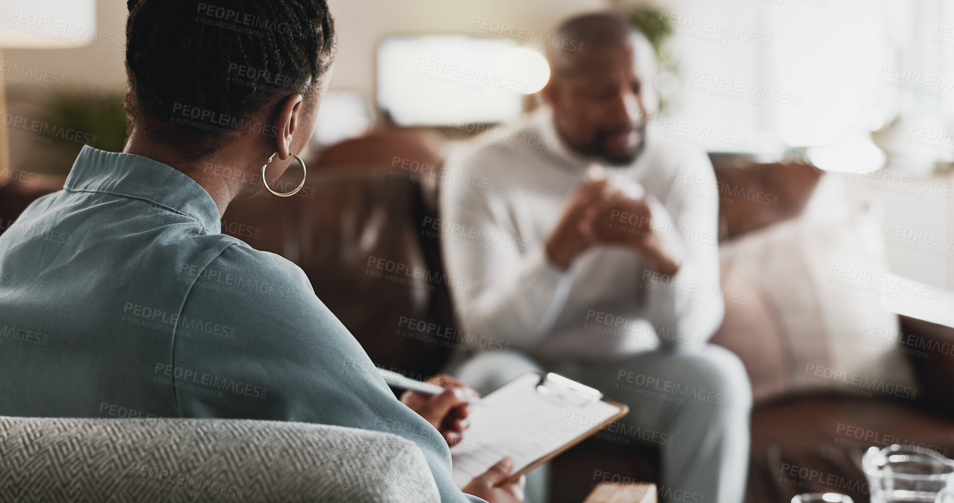 Buy stock photo Psychologist, client and notes in office, mental health and grief therapy with support. Counselling, people and clipboard with consulting, therapist and anxiety with depression, patient and trauma