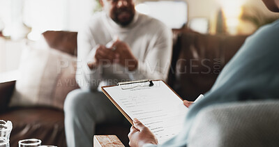Buy stock photo Patient, therapist and clipboard with report for counselling, therapy session or mental record at office. Client, psychiatrist and form with application, survey or notes for helpful or health advice