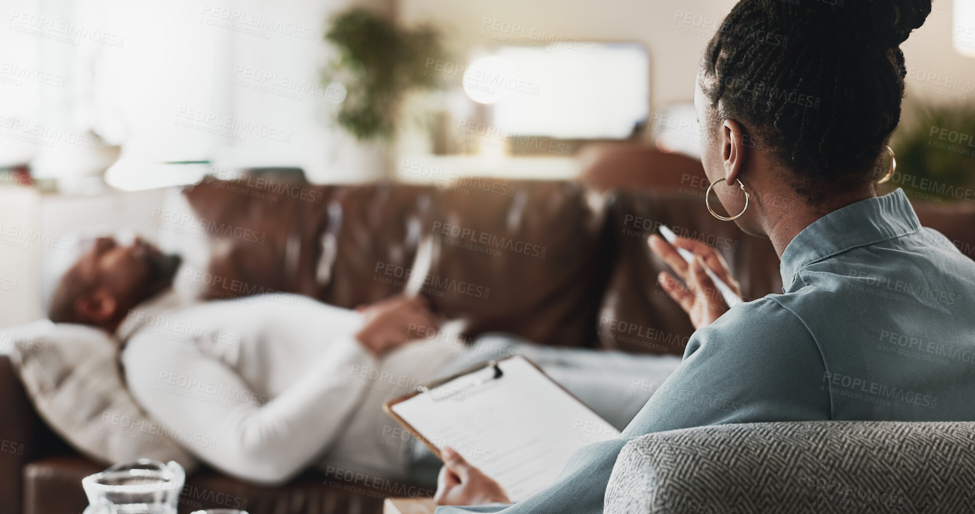 Buy stock photo Patient, therapist and clipboard with sofa for therapy session, counselling or consultation at office. Client, psychiatrist and consulting with form for health advice, emotional support or help