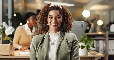 Buy stock photo Woman, smile and portrait at night in office with pride, confidence and career at startup company. Professional person, writer and editor with job, excited and happy for overtime at creative agency