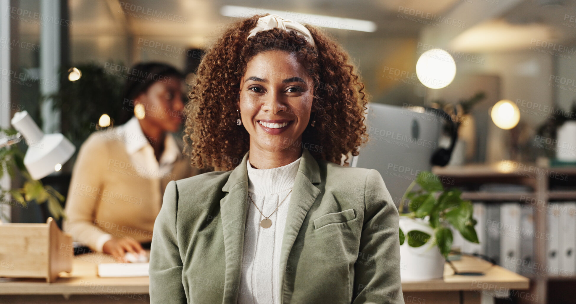 Buy stock photo Woman, smile and portrait at night in office with pride, confidence and career at startup company. Professional person, writer and editor with job, excited and happy for overtime at creative agency