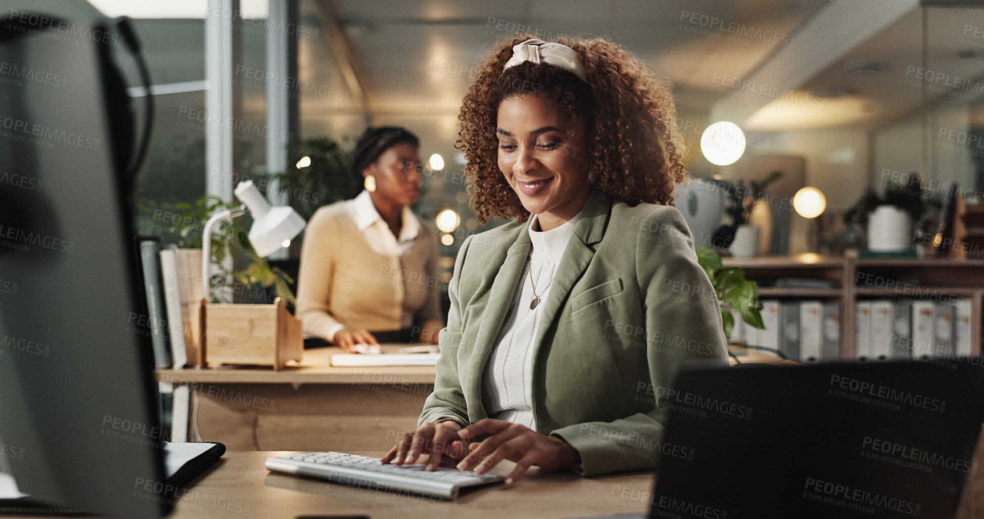 Buy stock photo Happy woman, call center consultant and typing on computer for telemarketing, support or business advice. Help, sales agent and keyboard for customer service, contact us or crm at night on deadline