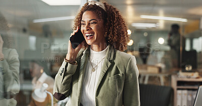 Buy stock photo Woman, phone call and excited at night in office with laugh for conversation, contact and networking at media company. Person, happy and smartphone with deal, overtime and talking at creative agency