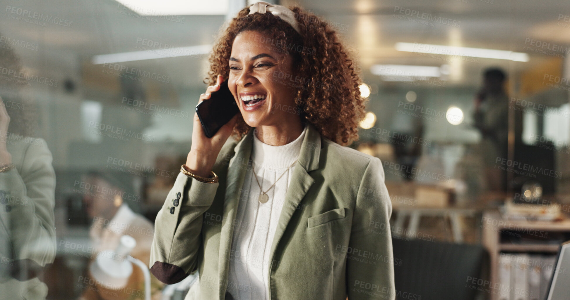 Buy stock photo Woman, phone call and excited at night in office with laugh for conversation, contact and networking at media company. Person, happy and smartphone with deal, overtime and talking at creative agency