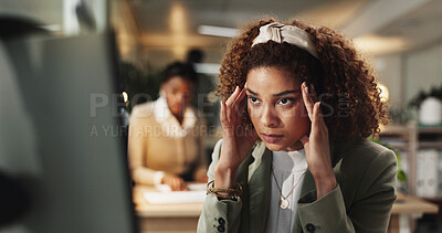 Buy stock photo Woman, headache and stress at night in office with computer, frustrated and overtime at startup company. Person, writer and reading with migraine, burnout and mistake with fatigue at creative agency