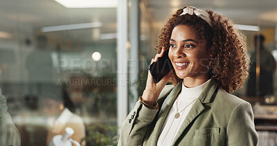 Buy stock photo Woman, phone call and happy at night in office by window with conversation, contact or networking at media company. Person, smile and smartphone with deal, overtime and talking at creative agency