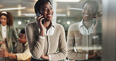 Buy stock photo Woman, phone call and window at night in office with laugh with reflection, contact and networking at media company. African person, happy and smartphone for deal, overtime or talk at creative agency