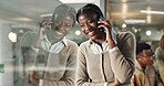 Woman, phone call and smile by window, office and chat at night with reflection, contact or networking at company. African person, happy and smartphone for deal, overtime or talk at creative agency