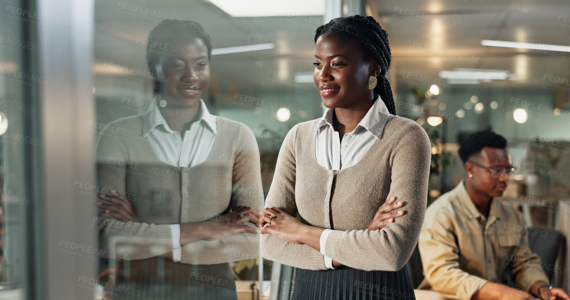 Buy stock photo Business, thinking and black woman with ideas, arms crossed and smile in modern office. Person, employees or consultant with happiness, window or reflection with career ambition, solution or planning