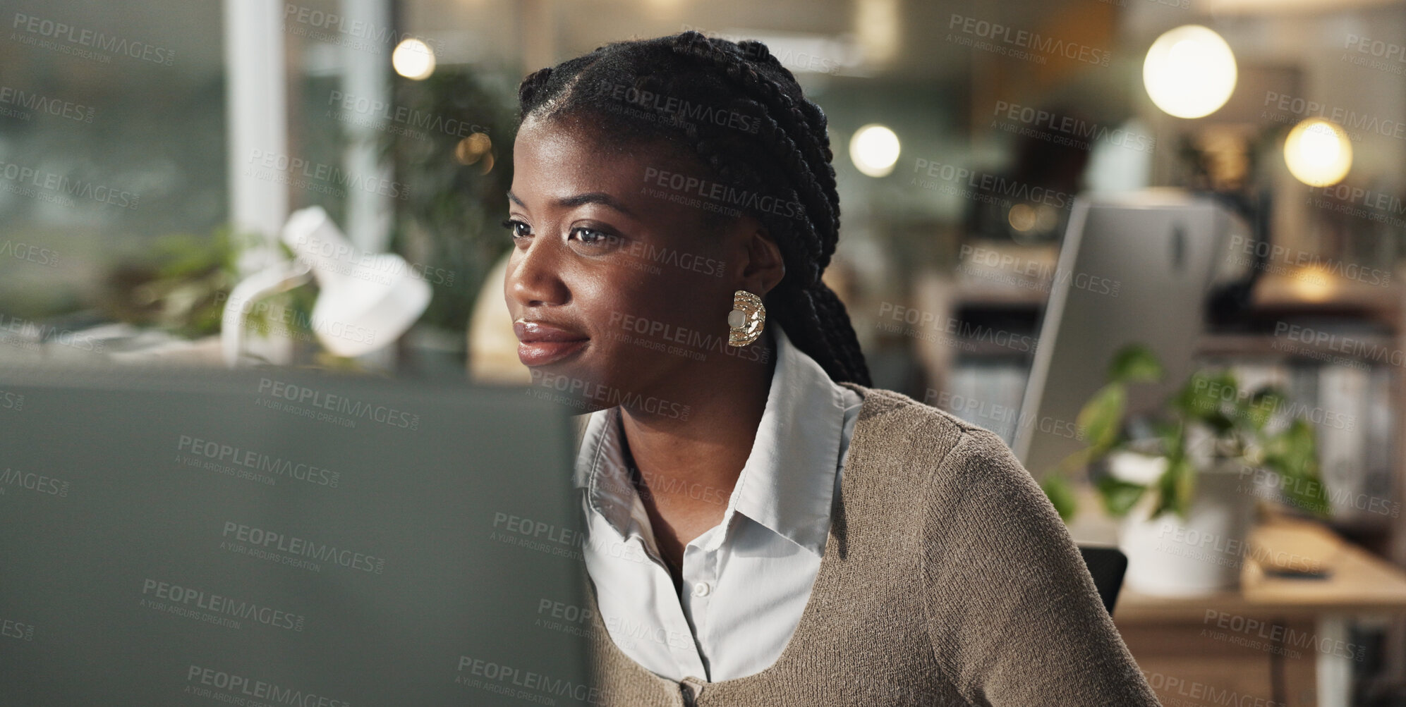 Buy stock photo Black woman, laptop and global communication in office, email client and online to update website. Female person, journalist and chat to contact for quote in workplace, news and reporter for article