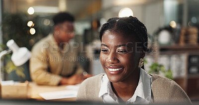 Buy stock photo Black woman, computer and plan communication in office, email client and online to update website. Female person, journalist and chat to contact for quote in workplace, night and reporter for article