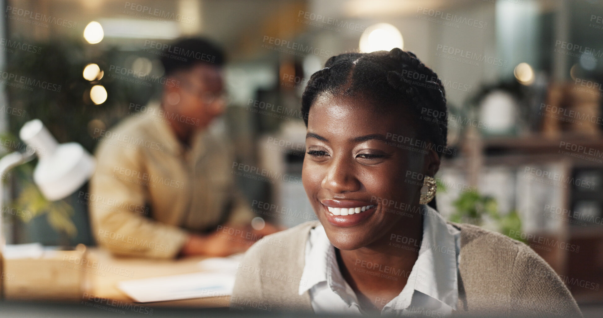 Buy stock photo Black woman, computer and plan communication in office, email client and online to update website. Female person, journalist and chat to contact for quote in workplace, night and reporter for article