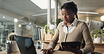 Woman, tablet and laptop at night at startup for project, review and deadline at media company. African person, writer and editor by pc with app, overtime and insight in office at creative agency