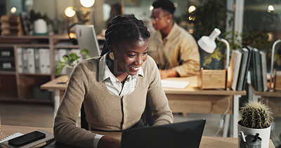 Buy stock photo Black woman, laptop and press communication in office, email client and online to update website. Female person, journalist and chat to contact for quote in workplace, night and reporter for article