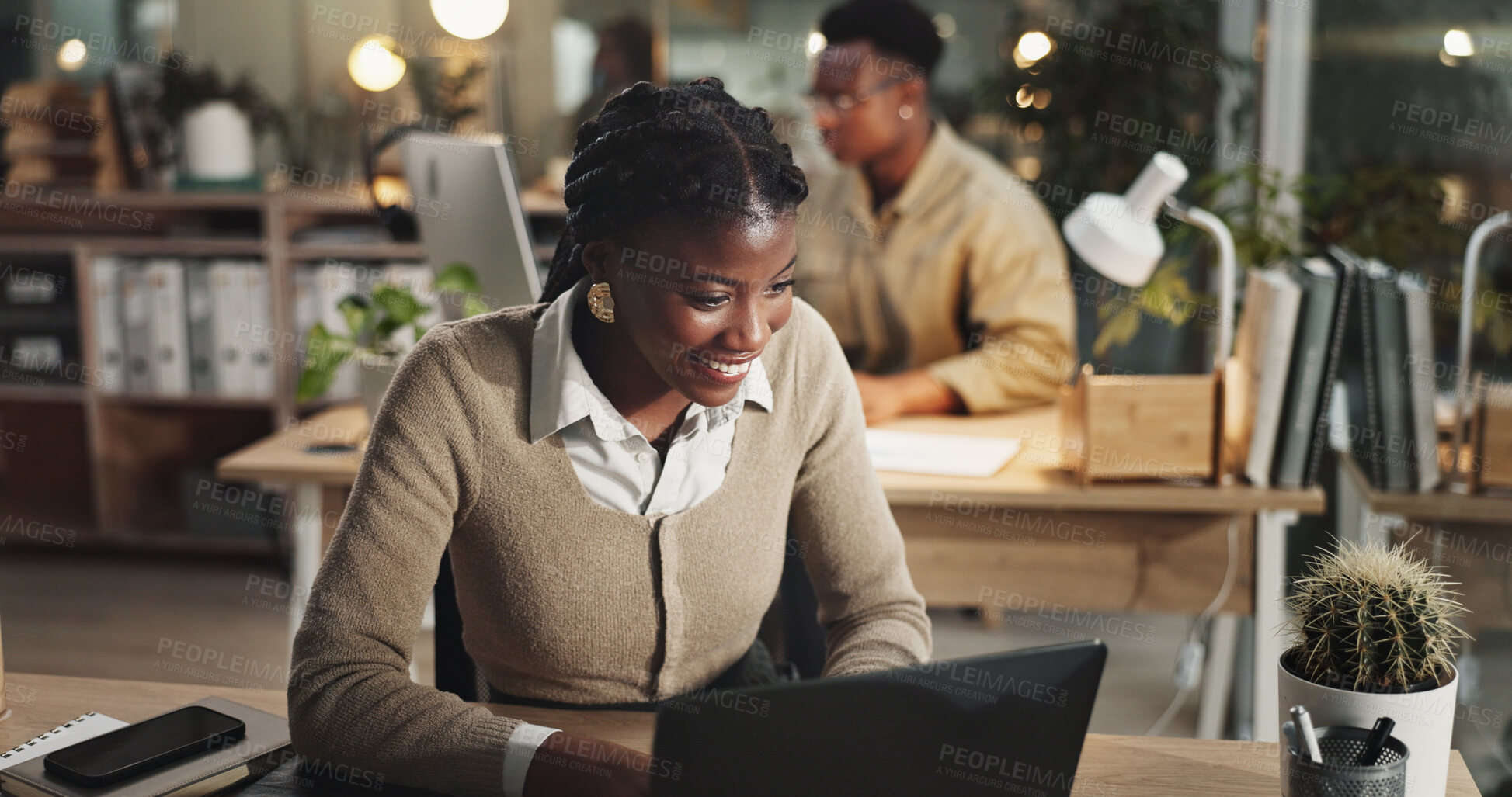 Buy stock photo Black woman, laptop and press communication in office, email client and online to update website. Female person, journalist and chat to contact for quote in workplace, night and reporter for article