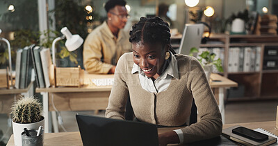 Buy stock photo Black woman, laptop and surprise for news in office, email client and online to update website. Female person, journalist and shock for gossip in chat at workplace, night and reporter for article