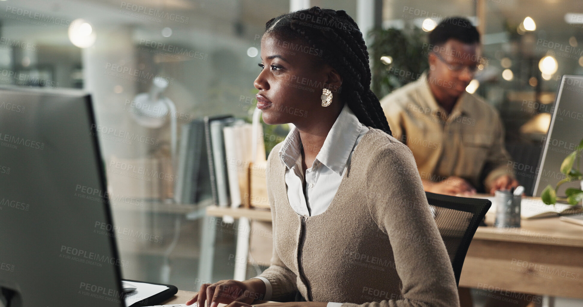 Buy stock photo Business, thinking and woman with computer, online reading and planning with website info. Person, journalist and employee with pc, internet and decision with choice, research for article and editing