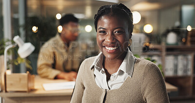 Buy stock photo Black woman, smile and portrait at night in office with pride, confidence and career at startup company. Person, writer or editor with job, excited or happy for overtime at creative agency in Nigeria