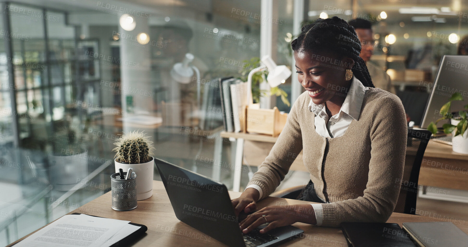 Buy stock photo Black woman, laptop and media communication in office, email client and typing to update website. Female person, journalist and chat to contact for quote at agency, night and reporter for article