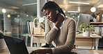 Black woman, neck pain and injury with laptop at night for strain, pressure or overworked at office. Frustrated African, female person or employee with muscle tension or ache for fatigue or stress