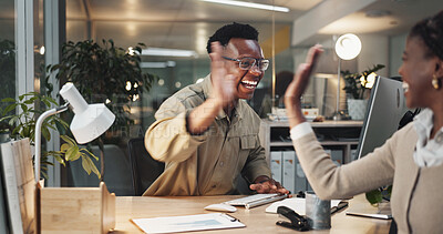 Buy stock photo Business people, night and high five with colleague for teamwork, congratulations or winning at office desk. Businessman, woman or employees working late with smile for success, goals or deadline