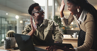 Buy stock photo Business people, night and high five with team for promotion, congratulations or winning together at office. Businessman, woman or employees working late with smile for success, goals or deadline
