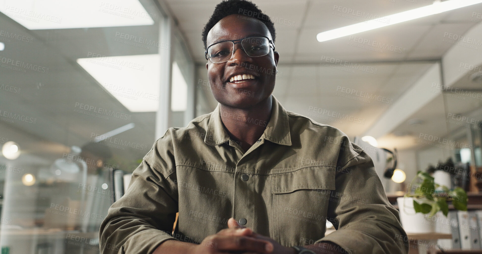 Buy stock photo Talking, video call and portrait of business black man in office for virtual consultant, financial advisor or broker. Online meeting, webinar and conference with person at night for communication pov