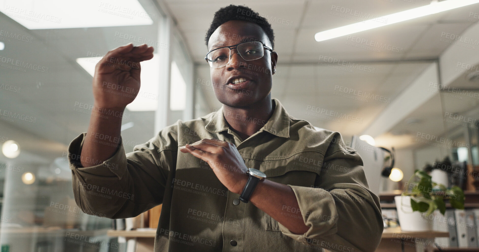 Buy stock photo Presentation, video call and portrait of business black man in office for virtual consultant, financial advisor and broker. Online meeting, webinar and chat with person at night for communication pov