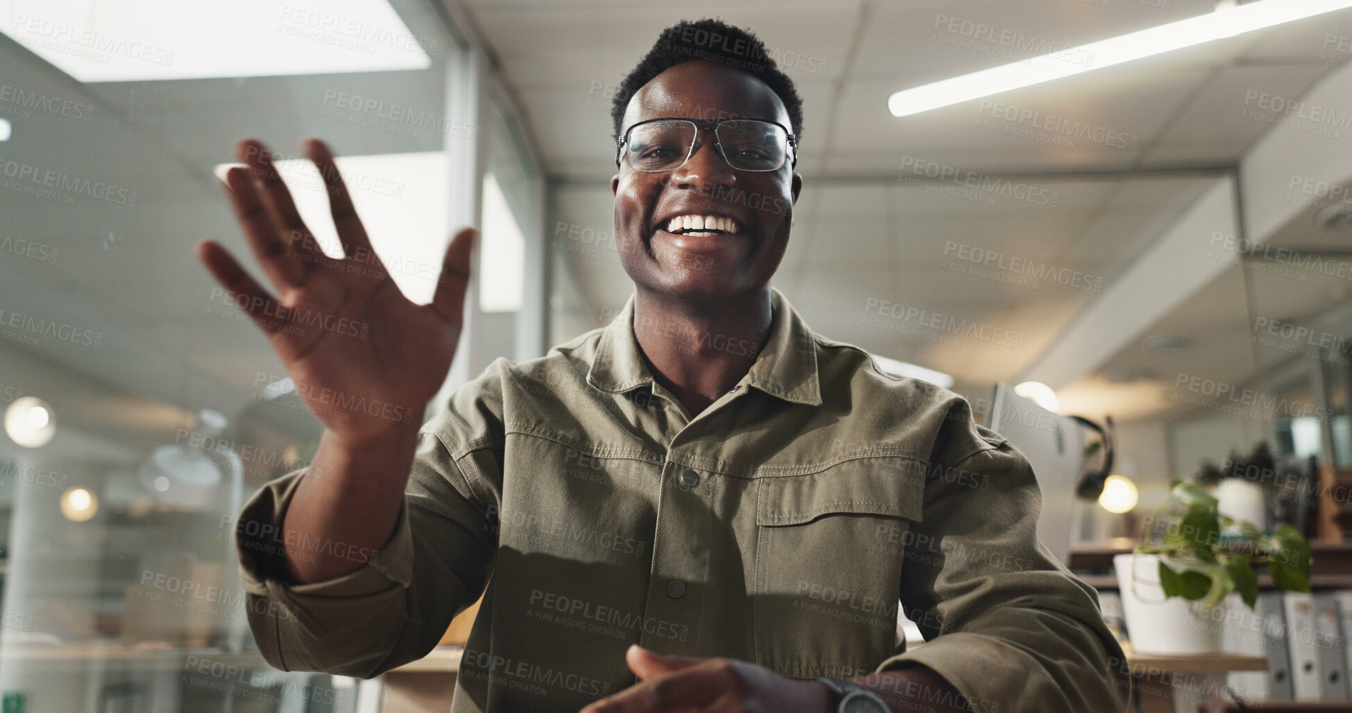Buy stock photo Wave, video call and portrait of business black man in office for virtual consultant, financial advisor and broker. Online meeting, webinar and conference with person at night for communication pov