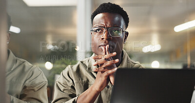 Buy stock photo Business, thinking and black man with laptop, doubt and problem solving with website info. Person, journalist and employee with pc, internet and decision with choice, research for article and thought