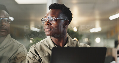 Buy stock photo Business, thinking and black man with laptop, decision and problem solving with website info. Person, journalist and employee with pc, internet and solution with choice, research for article and idea