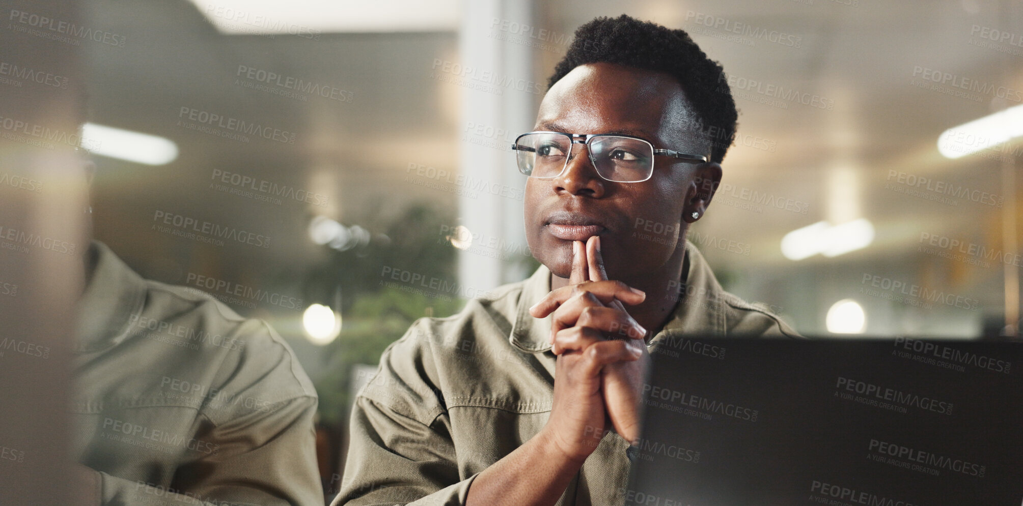 Buy stock photo Business, thinking and black man with laptop, solution and research with website info. Person, journalist and employee with pc, internet and decision with choice, problem solving and idea for article