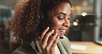 Happy woman, night an consultant with headphones at call center for online advice, telemarketing or assistance at office. Face, female person or agent with smile or mic for customer support or help