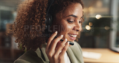 Buy stock photo Happy woman, call center consultant and microphone for telemarketing, support or business. Help, insurance agent and headphones for customer service, listening or lead generation at night on deadline