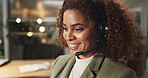 Happy woman, night and agent with headphones at call center for online advice, telemarketing or assistance at office. Face, female person or consultant with smile or mic for customer support or help