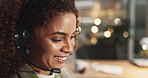 Happy woman, night and friendly consultant with headphones at call center for online advice, telemarketing or help at office. Female person, agent or smile with mic for customer support or telesales