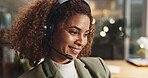 Happy woman, night and friendly agent with headphones at call center for online advice, telemarketing or help at office. Female person, consultant or smile with mic for customer support or telesales