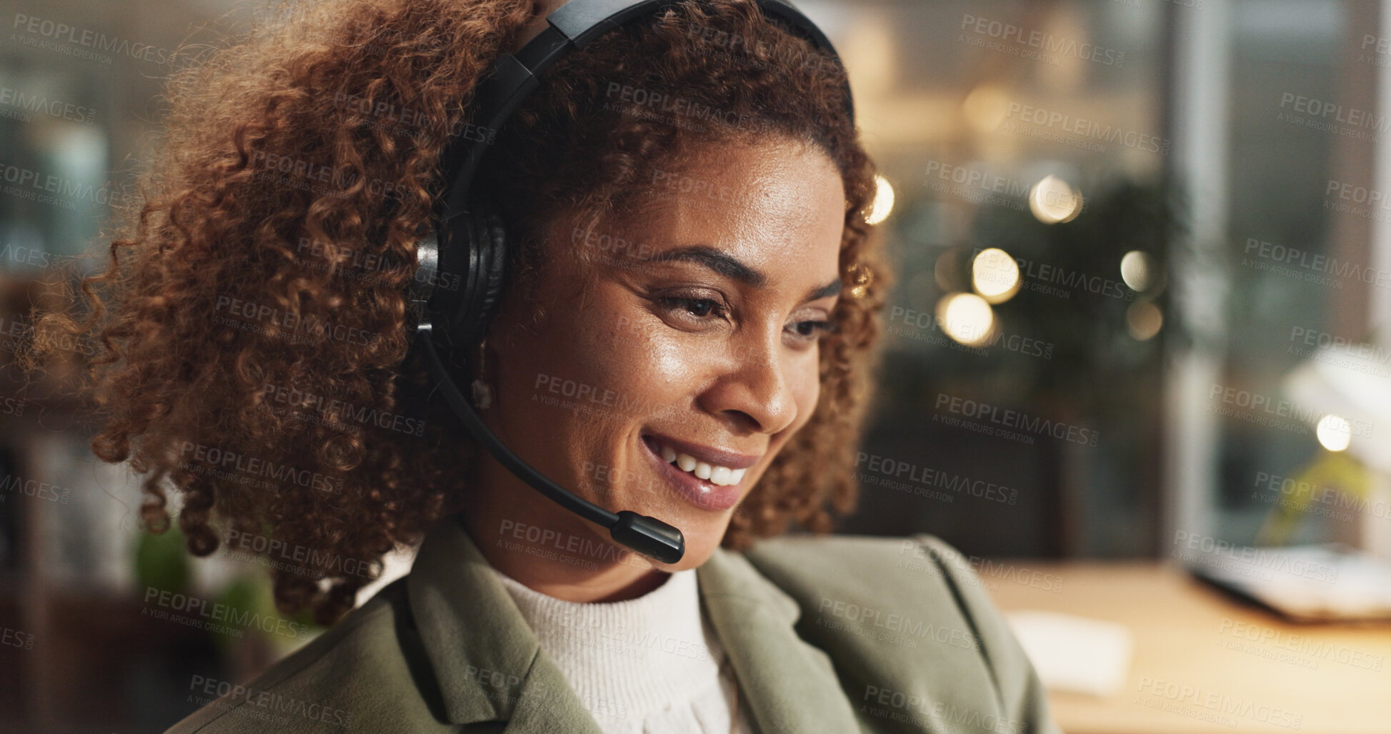 Buy stock photo Happy woman, call center agent and profile for support, telemarketing or business. Help, insurance and African consultant on headset for customer service, contact us or listening at night on deadline