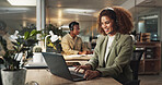 Happy woman, night and agent with laptop or headphones at call center for online advice or telemarketing. Female person, consultant or employee with mic on computer for customer service or telesales